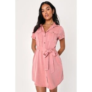 NWT Lulus Everyday Rose Pink Button-up Shirt Dress With Pockets - Size M